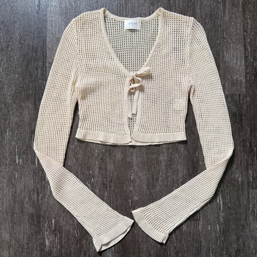 DISSH‎ Cardigan Women XS Cream Tie Front Open Knit Mesh Long Sleeve Shrug